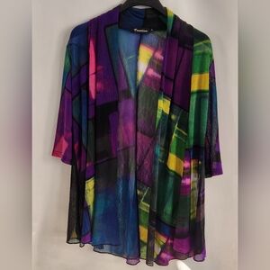 Creation Vibrant Semi Sheer Multicolor Geometric Open Drape "Jacket" Size 2X